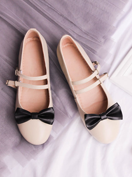 Costumes Lolita | Sweet Lolita Pumps Bow Strappy Two Tone Apricot Lolita Flats - JF67569