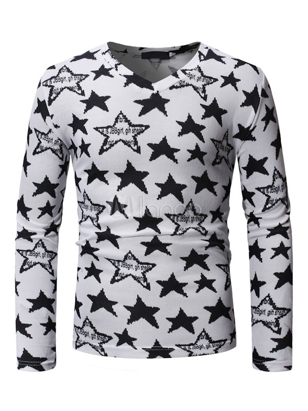 Men Casual T Shirt V Neck Star Print Long Sleeve White T Shirt ...