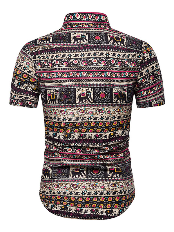 Men Brown Shirt Ethnic Print Cotton Linen Plus Size Short Sleeve Summer ...