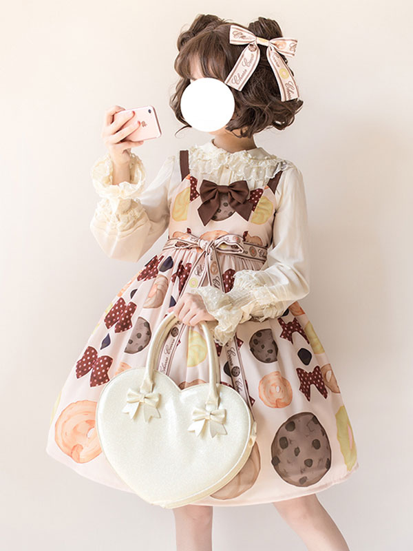 Costumes Lolita | Sweet Lolita JSK Cookies Print Bow Cotton Slub Apricot Lolita Jumper Skirt - HU73204