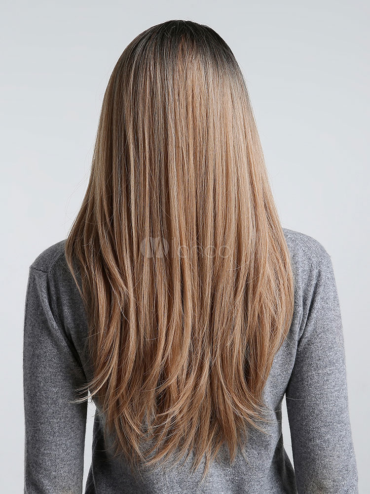 Women Hair Wigs Light Brown Side Parting Long Straight Synthetic