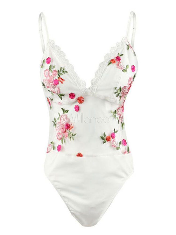 One Piece Swimsuit White Lace Embroidered Semi Sheer Sexy Swimwear For