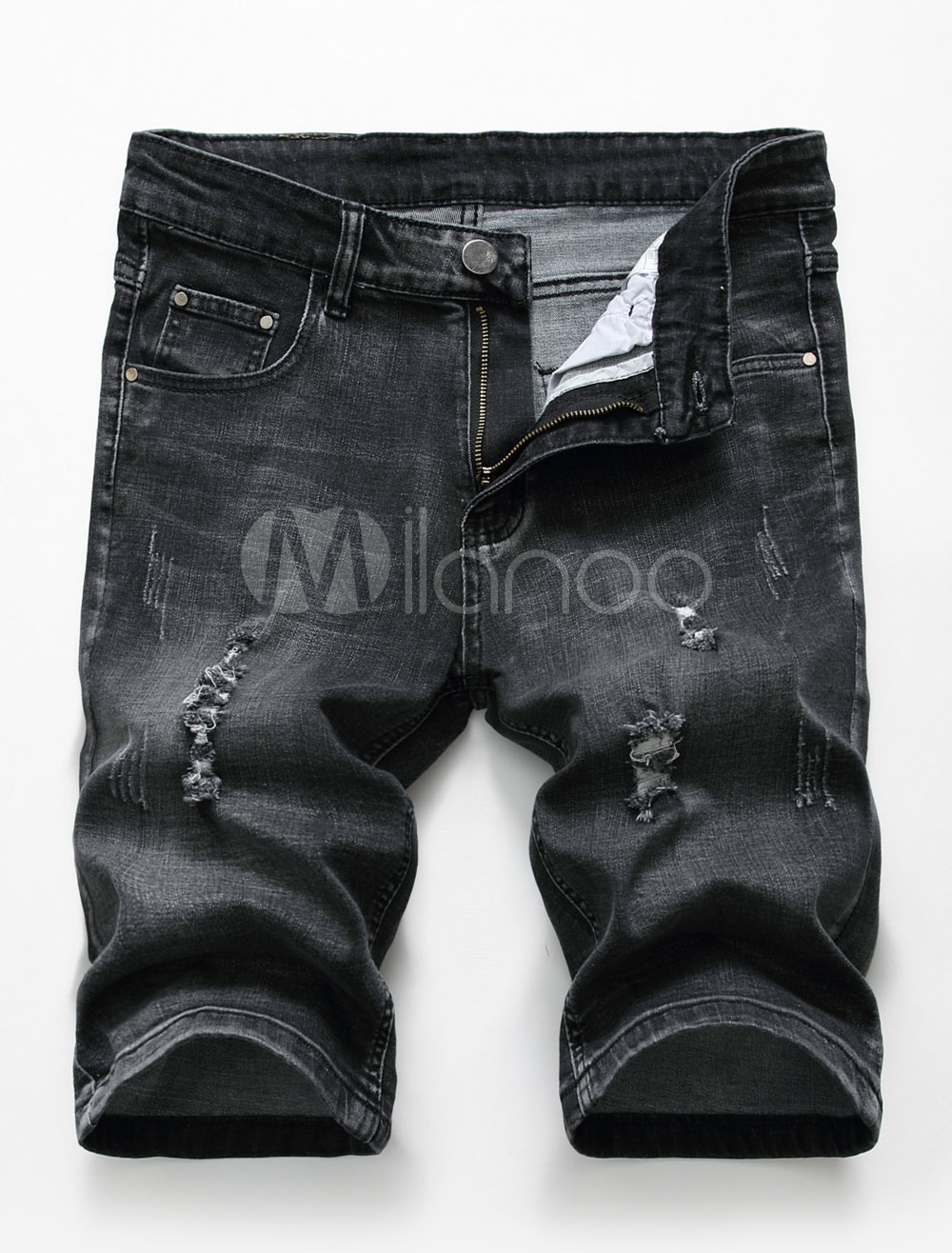 Men Jean Shorts Ripped Distressed Black Denim Shorts