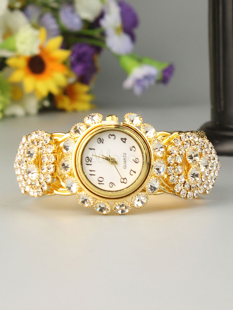 Gold Bracelet Watch Rhinestones Round Dial Wrist Watch For Women ...