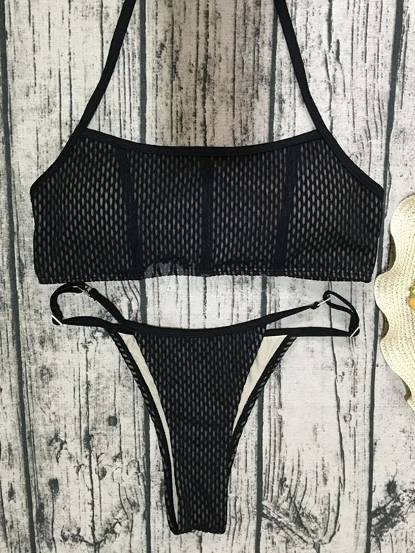 Black Bikini Swimwear Halter Nets Knotted Sexy Bikini Swimsuit ...