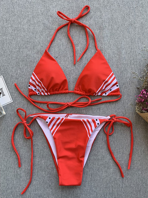 Sexy Thong Bikini Neon Swimwear Halter Striped String Bikini Swimsuit