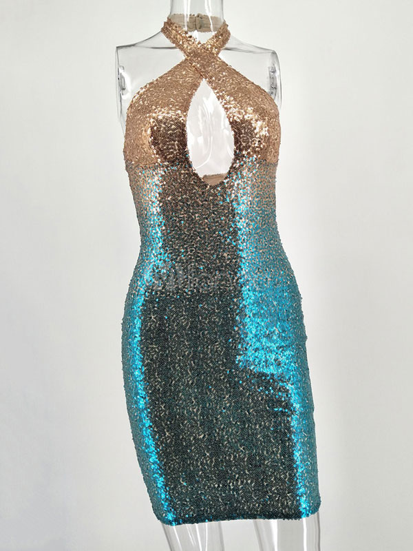 Sequined Club Dress Halter Cut Out Ombre Sexy Bodycon Dress - Milanoo.com
