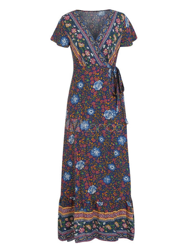Floral Maxi Dress V Neck Summer Dress Short Sleeve Split Wrap Dress ...