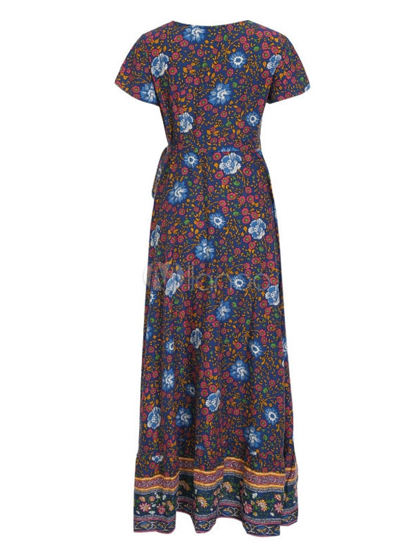 Floral Maxi Dress V Neck Summer Dress Short Sleeve Split Wrap Dress ...