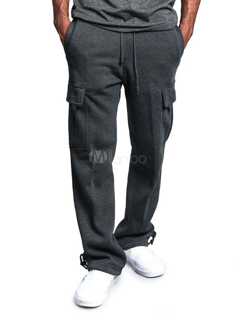 Men Sweat Pant Side Pocket Drawstring Cotton Straight Leg Jogger Pant