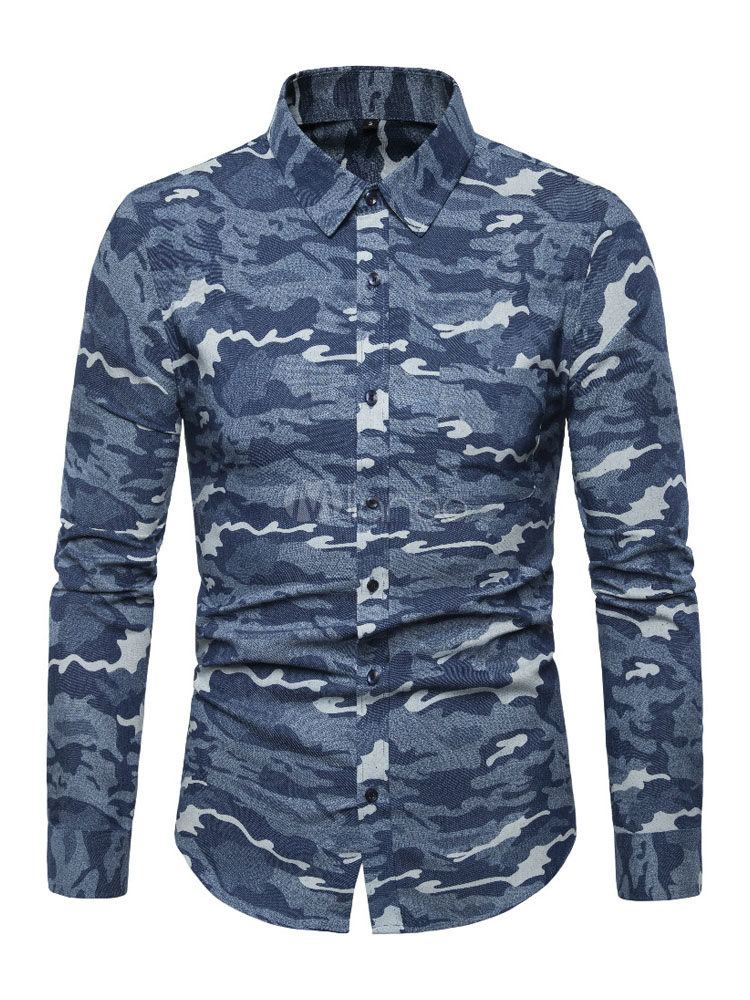 Men Casual Shirt Camo Print Button Down Slim Fit Blue Long Sleeve Shirt ...