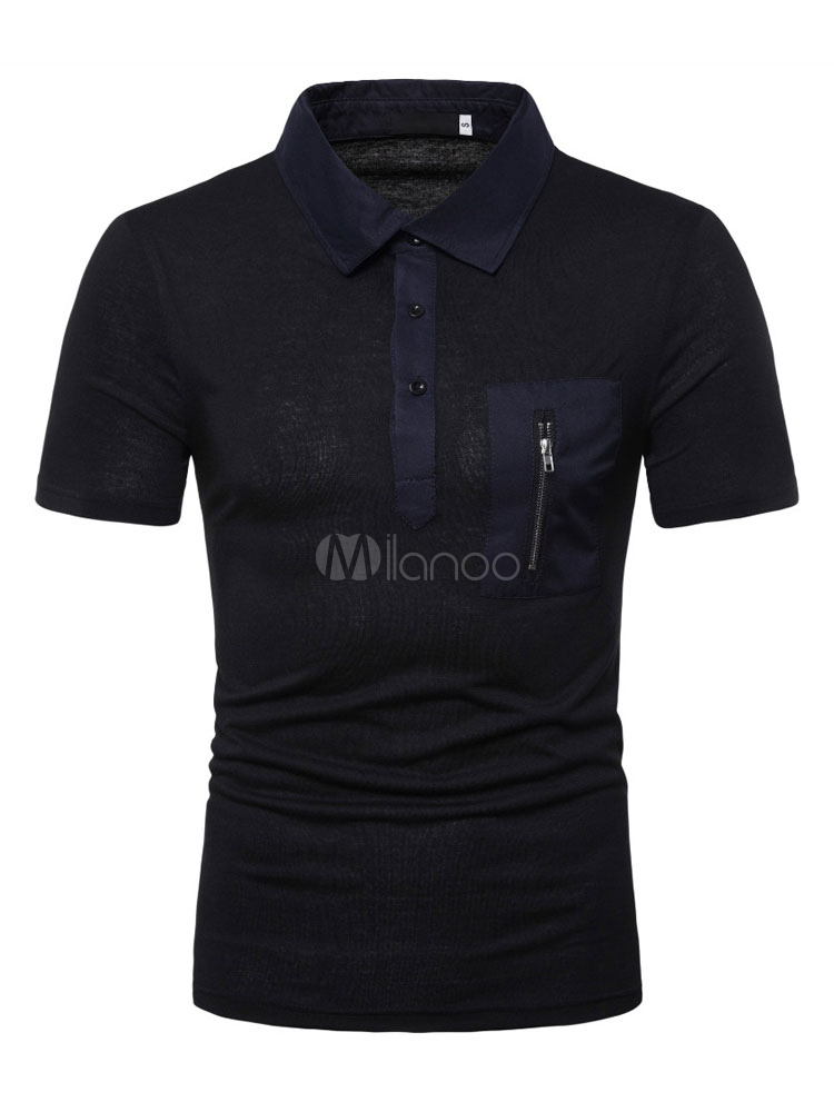 Men Polo Shirt Zipper Pocket Patchwork Slim Fit Short Sleeve T Shirt