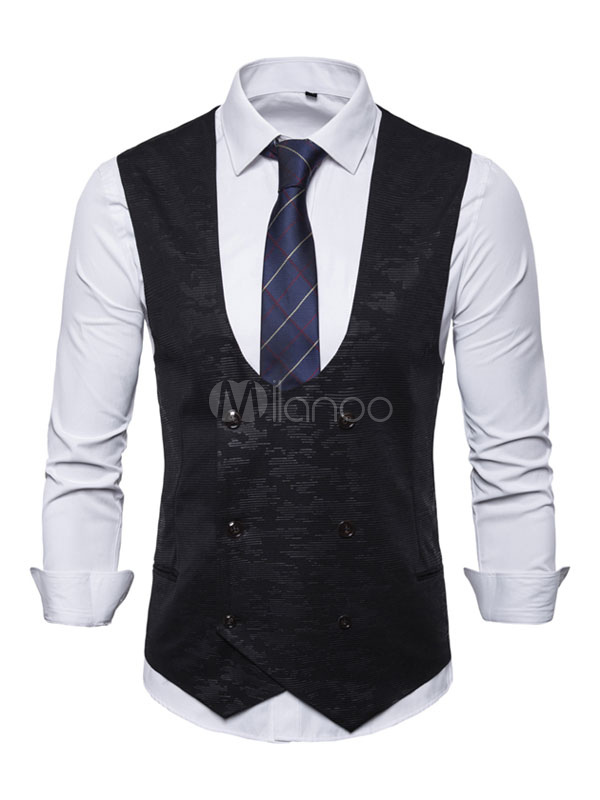 Men Casual Waistcoat U Neck Patterned Double Breasted Navy Blue Suit ...