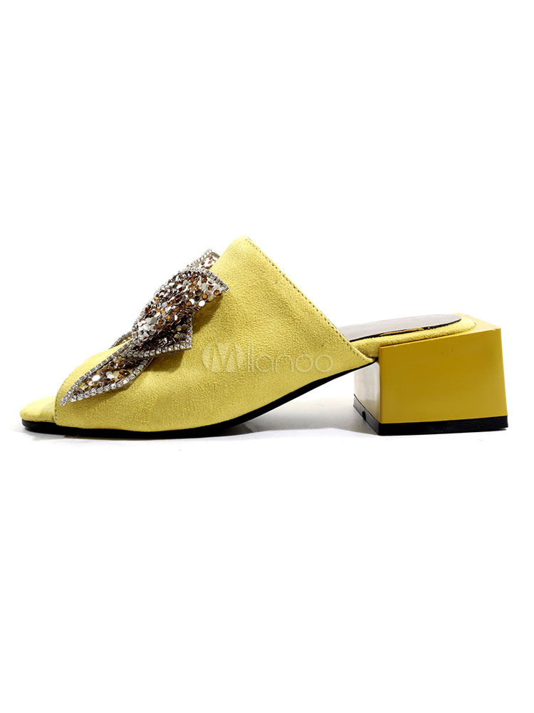Women Suede Mules Yellow Peep Toe Bow Rhinestones Chunky Heel Mule