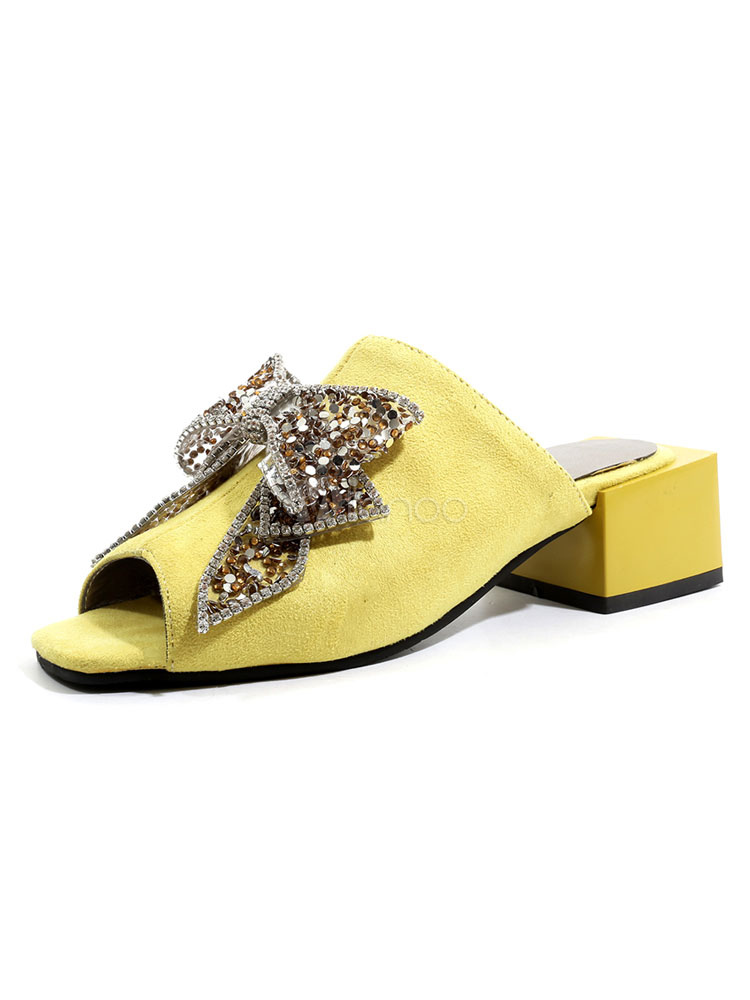 Women Suede Mules Yellow Peep Toe Bow Rhinestones Chunky Heel Mule