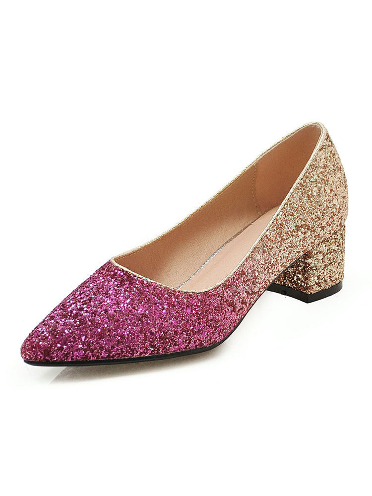 Glitter Party Shoes Toe Chunky Heel Pumps -