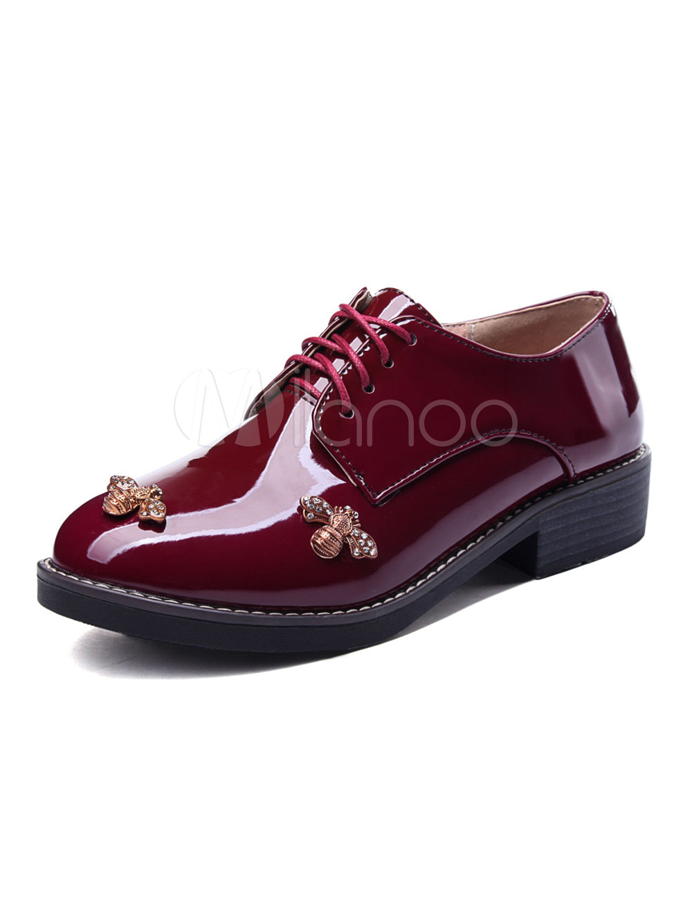 Burgundy Oxford Shoes Women Round Toe 