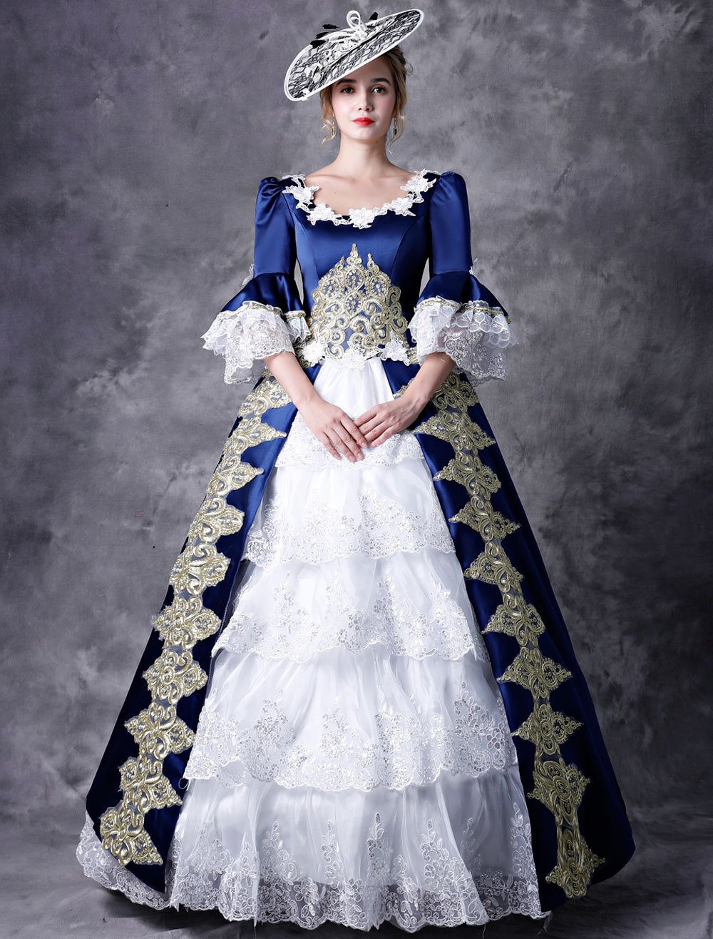 プリンセス 女性用 貴族ドレス 中世 ドレス ブルー 五分袖 ポリエステル マルディグラ ドレス ロイヤル 中世 ドレス・貴族ドレス