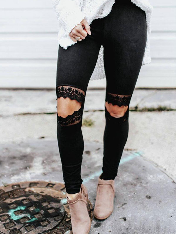 Women's Clothing Women's Bottoms | Women Black Leggings Lace Cut Out Elastic Waist Skinny Leggings - GD53358