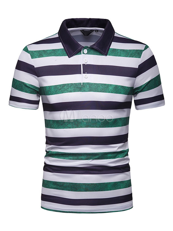 Green Polo Shirt Stripe Slim Fit Short Sleeve Casual T Shirt For Men ...