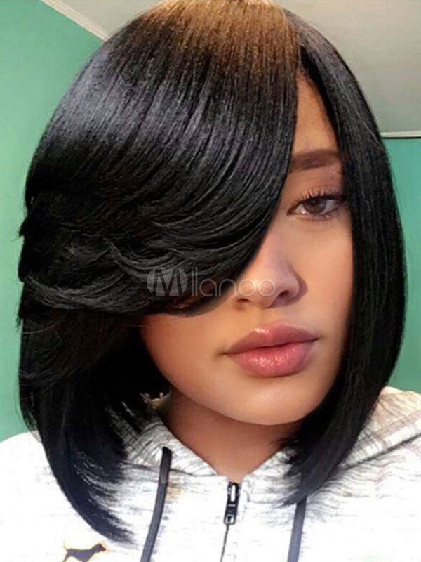 Black Hair Wigs Women Layered Short Synthetic Wigs With Side Swept