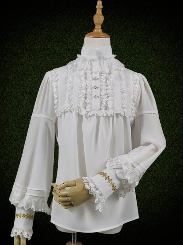 Classic Lolita Blouse Lace Puff Sleeve Stand Collar Button Decor