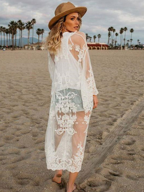 Costume da bagno Copricostume da donna 2022 Kimono Sheer in pizzo lungo  anteriore a maniche lunghe - Milanoo.com