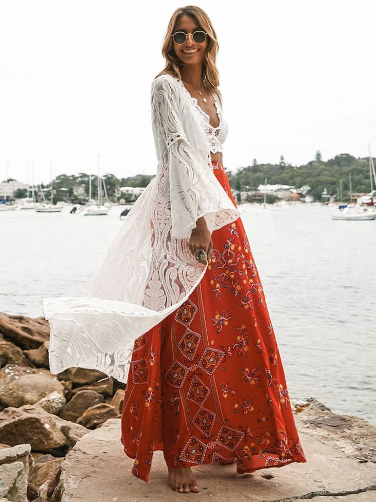 White Cover Up Sheer Bell Sleeve Open Front Plus Size Sexy Bathing