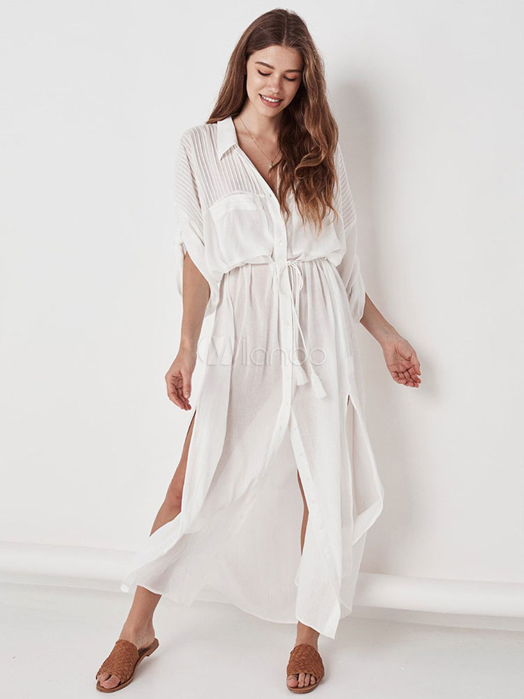 Blanc Robe 2019 Maxi Pour Femme, Robe Chemise, Manches Mi ...