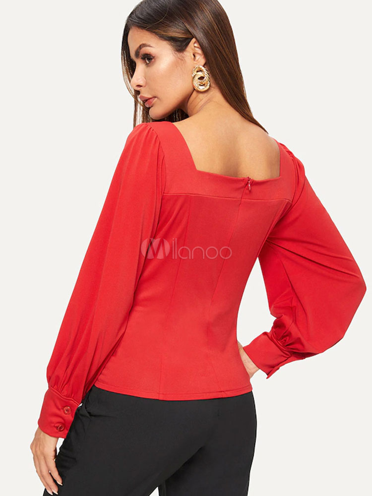 Women Red Blouses Long Sleeve Sweetheart Collar Casual Top