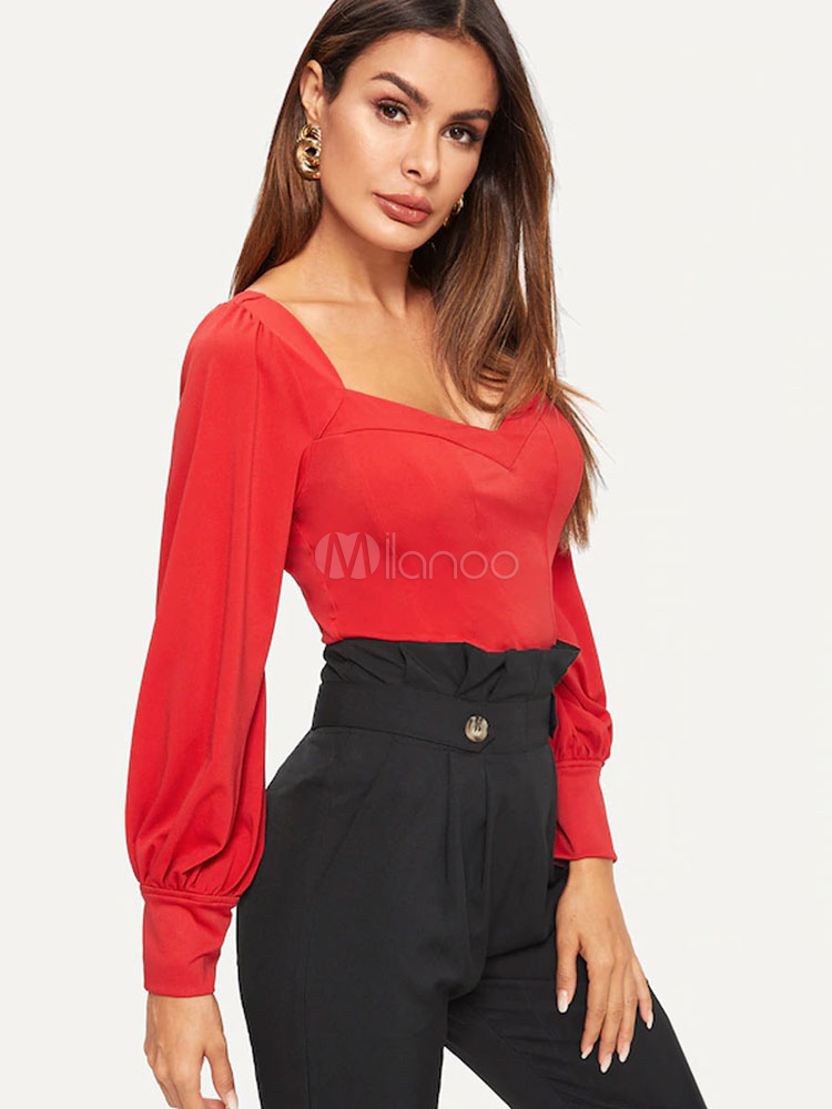 Women Red Blouses Long Sleeve Sweetheart Collar Casual Top