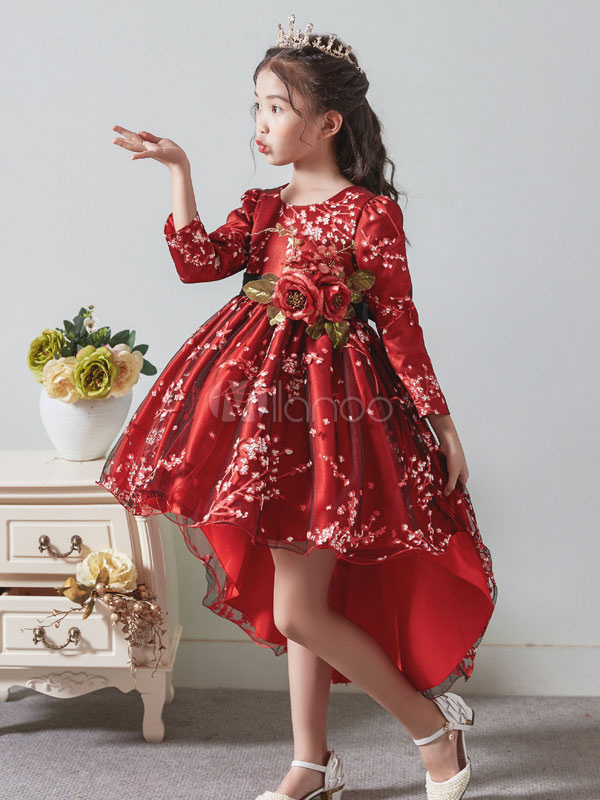 Red Flower Girl Dresses Long Sleeve Printed A Line Asymmetrical Kids