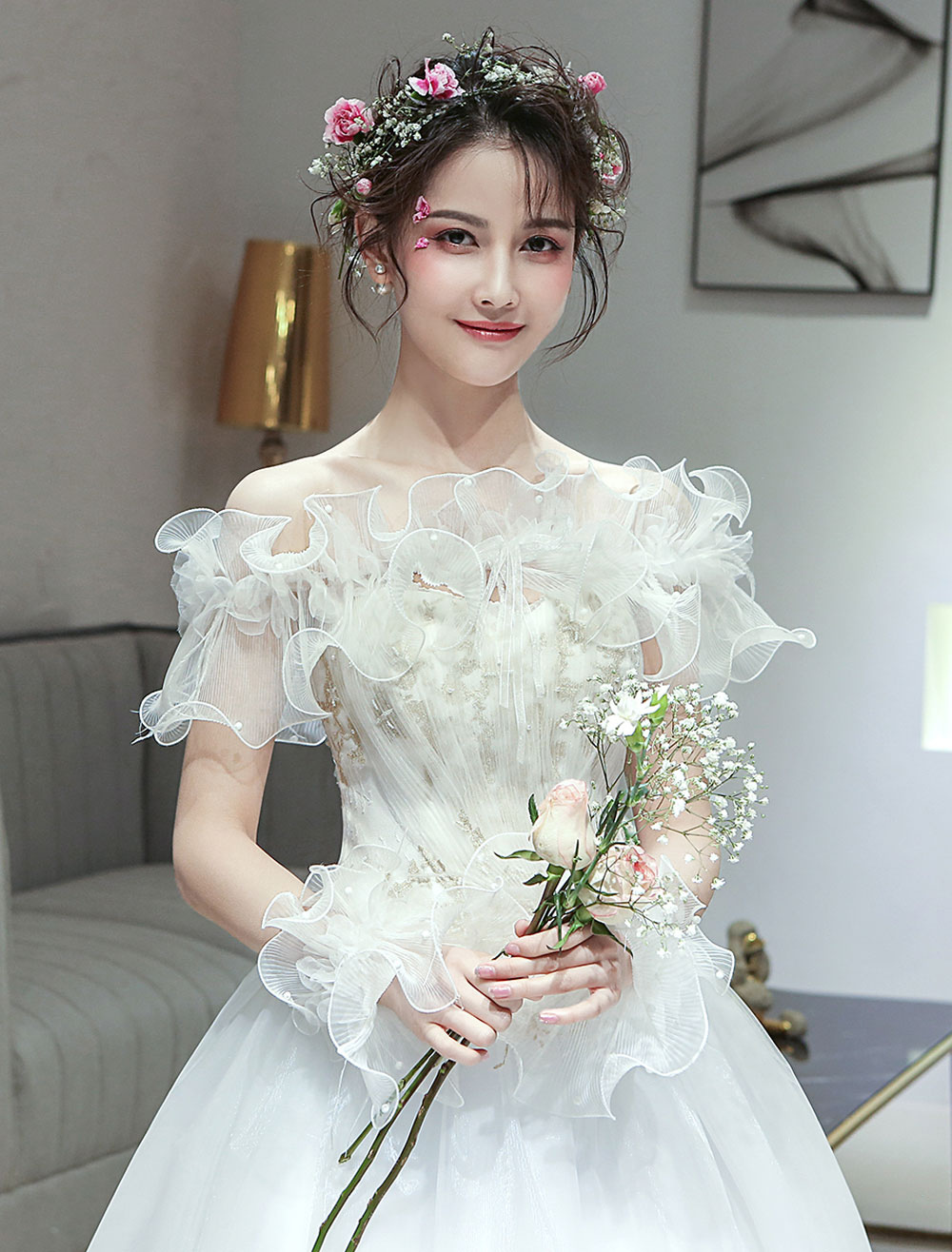 Wedding Wraps Sets Tulle Ruffles Wrist Cuff Shawls Pearls Bridal