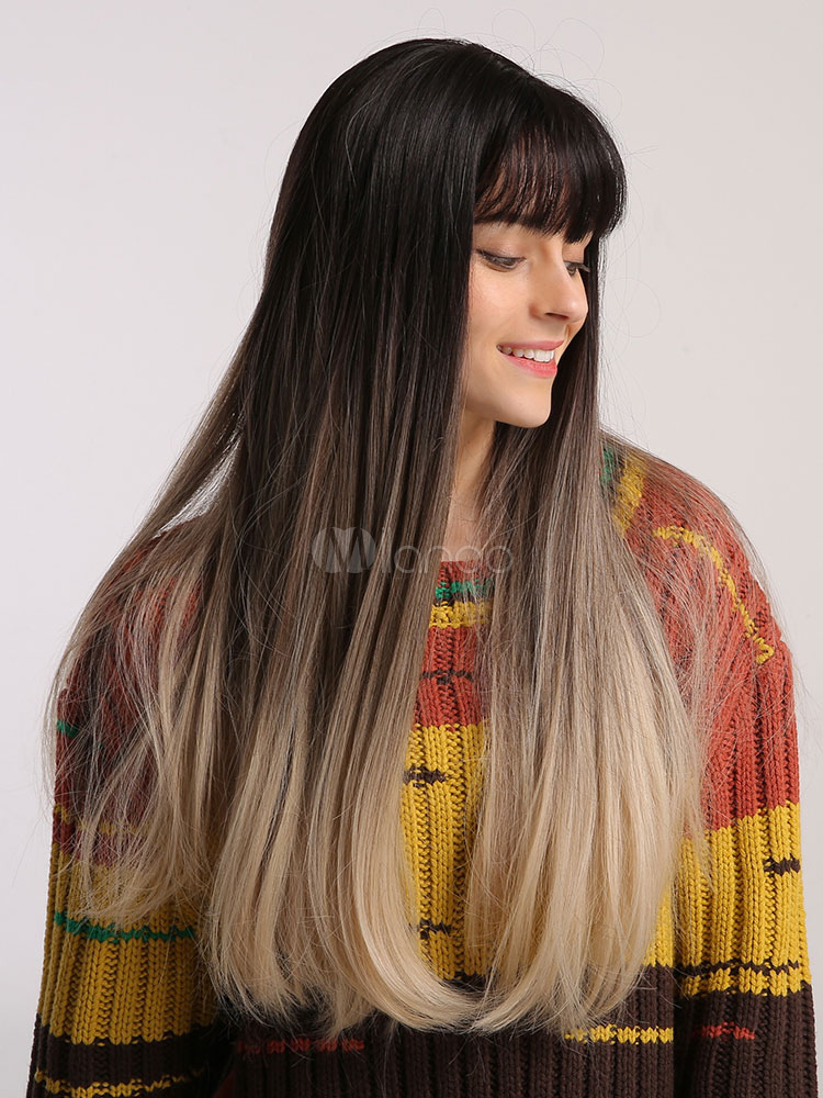 女性の髪の毛のかつら濃いルーツ前髪を持つ層状の長いストレート合成かつら Milanoo Jp