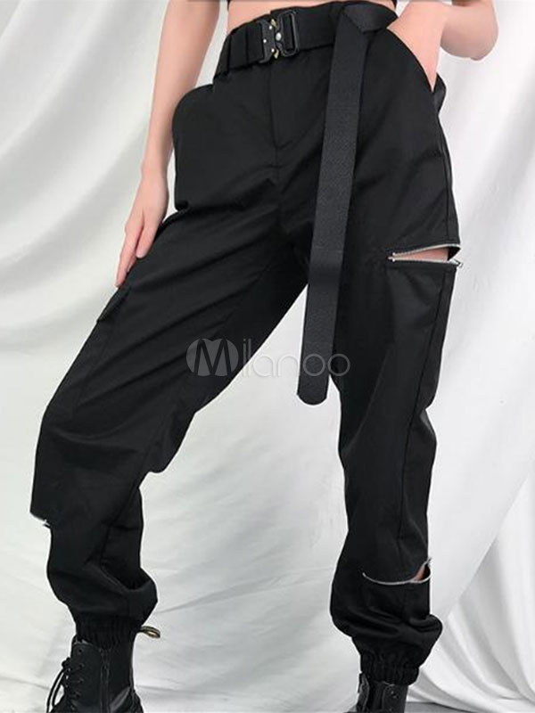 Black Cargo Pants High Waisted Zipper Women Trousers With Pockets ...