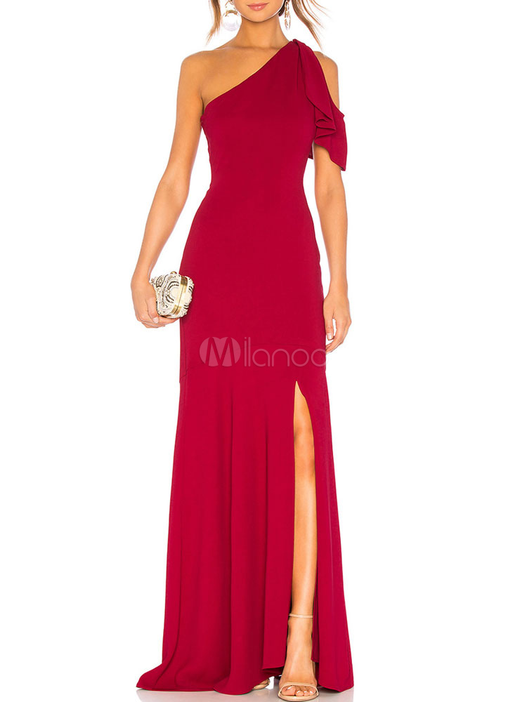 Red Maxi Dresses Women One Shoulder Ruffles Split Sexy Semi Formal