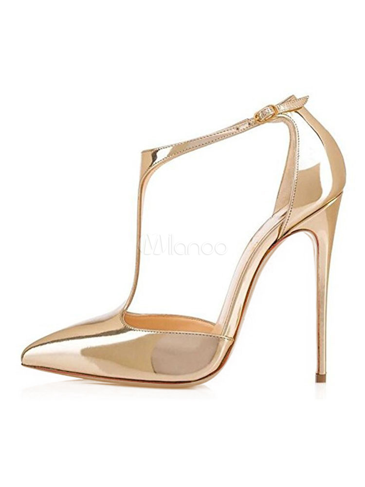 Women High Heels Gold Pointed Toe T Type Dress Shoes Plus Size Party
