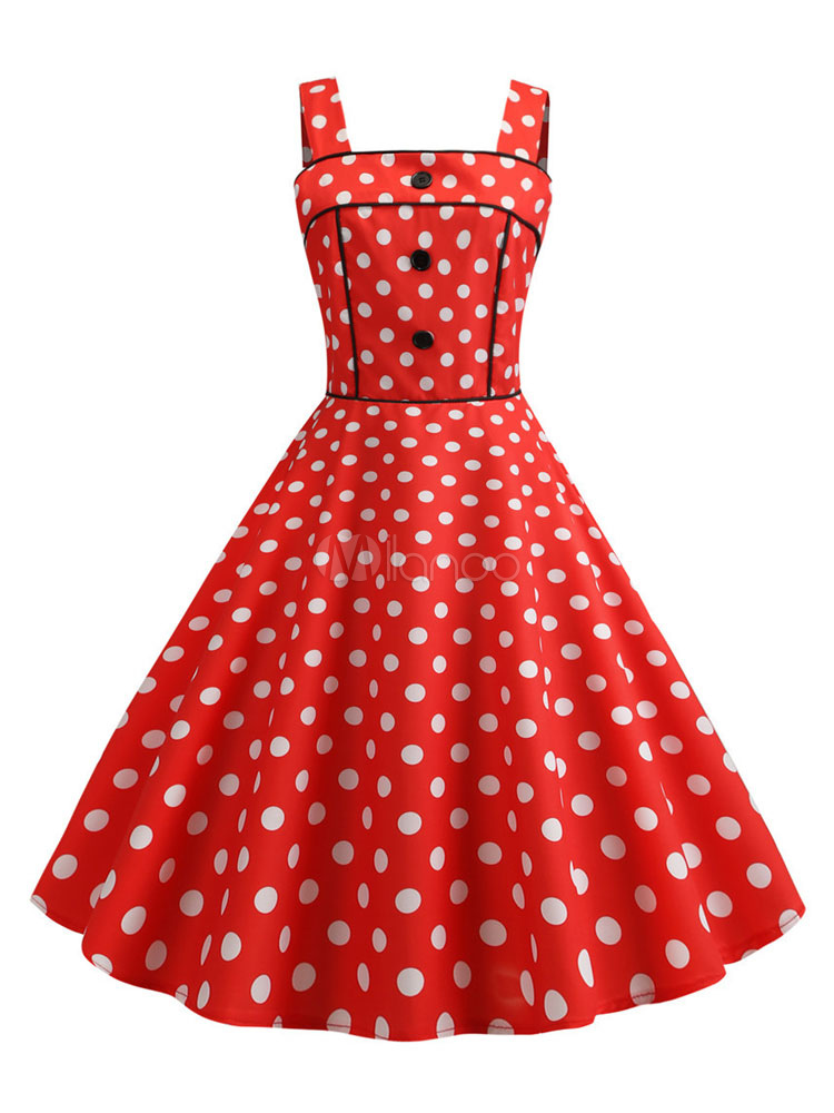 レディースレトロドットワンピース 21 水玉 レッド 1950年代 ボタン ノースリーブ ストラップネックスイングドレス Milanoo Jp