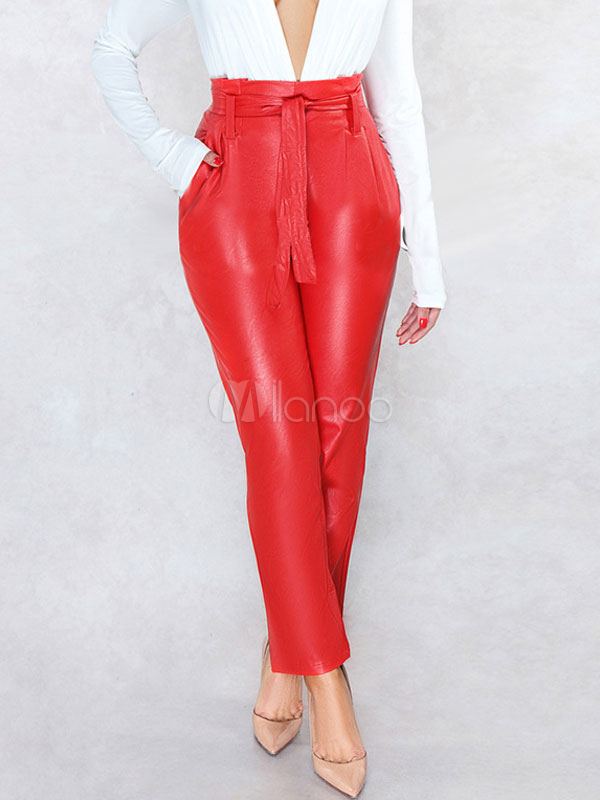 high waisted leather paperbag trousers