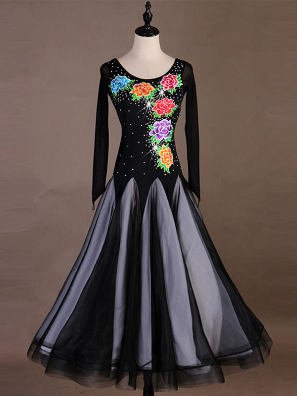 Ballroom Dance Costumes Black Women Tulle Dress Bead Applique Dance