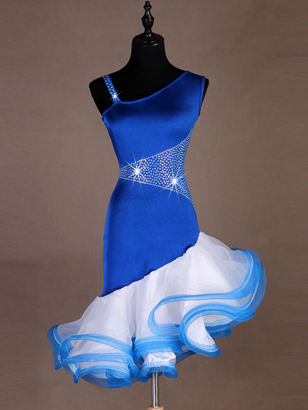 Dance Costumes Latin Dancer Dresses Royal Blue Women Organza Studded ...