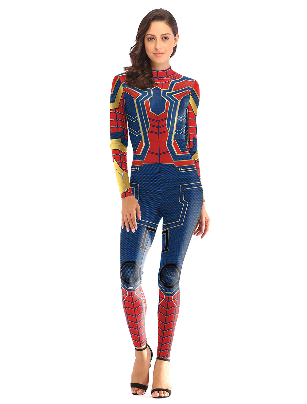 Tuta da donna in poliestere blu spiderman stampato da supereroe Halloween 