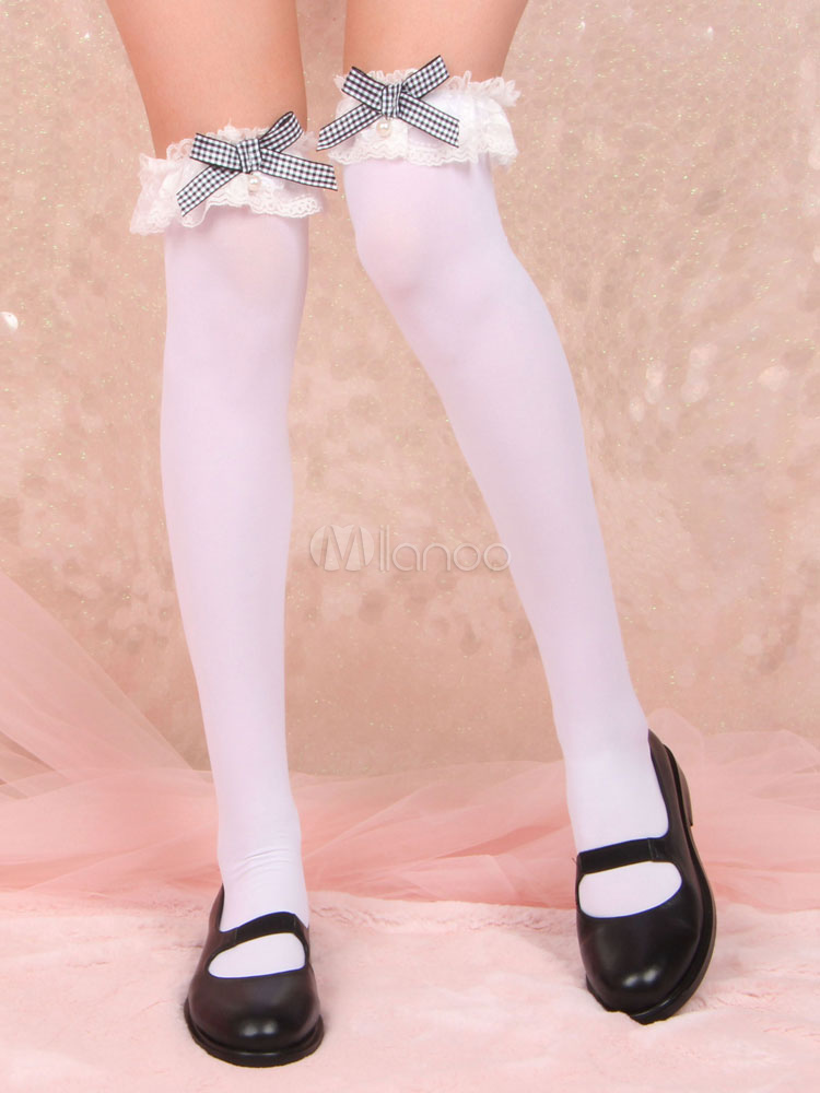 White Lolita Socks Ruffles Lace Bownot Knee High Socks Velvet Lolita