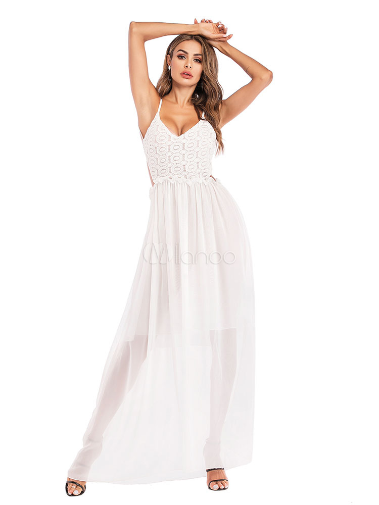 white floor length slip dress
