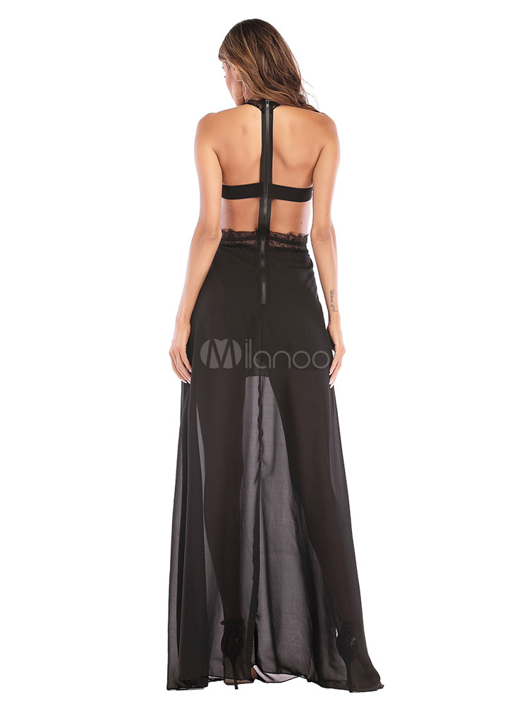 Black Maxi Dress Sexy Halter Cut Out Lace Sleeveless Sheer Split Long