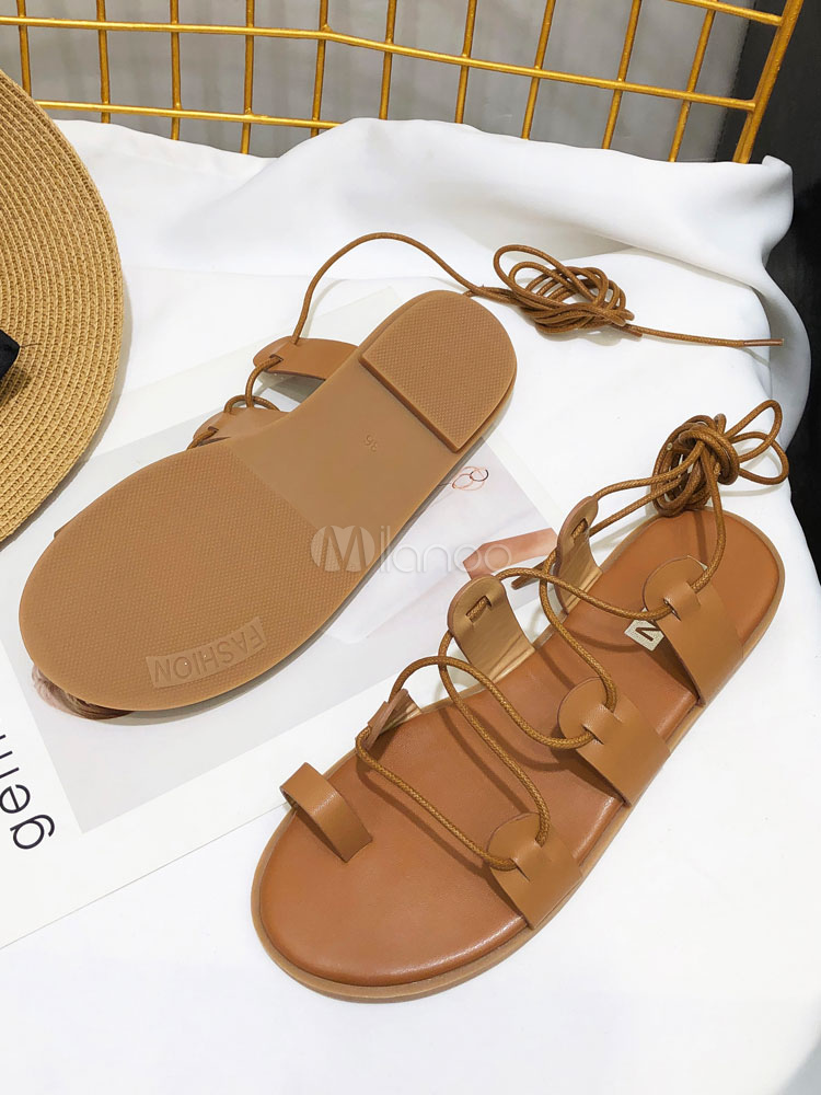 Brown Gladiator Sandals Women Toe Loop Lace Up Flat Sandal Shoes ...