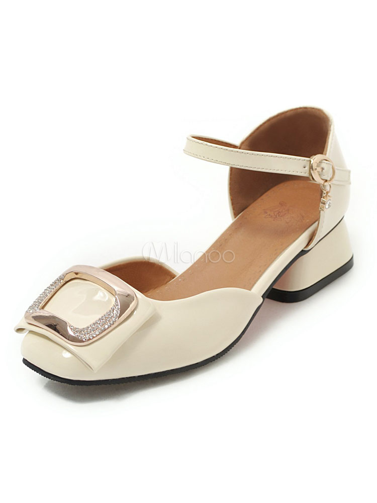 Block Heel Pumps Red Square Toe Metal Detail Ankle Strap Pumps For Women