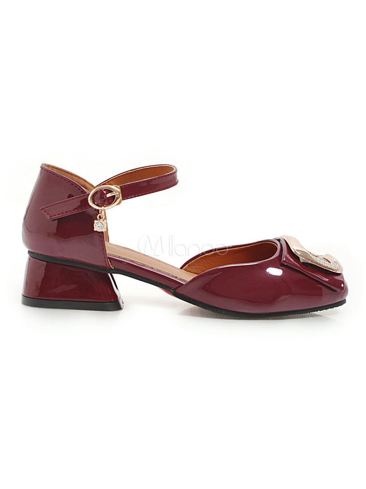 Block Heel Pumps Red Square Toe Metal Detail Ankle Strap Pumps For