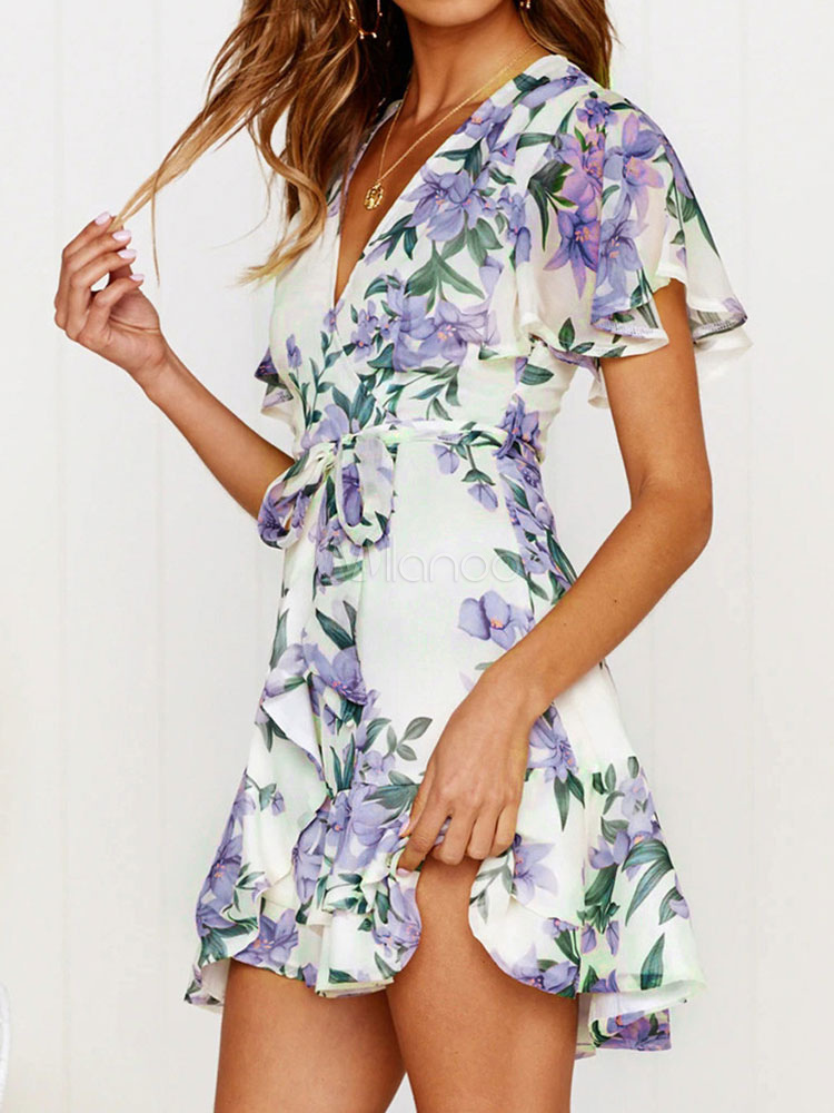 Sommer-Tee-Kleid 2019 Blumendruck Sommerkleid Kurzarm
