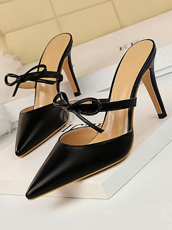 High Heel Mules Black Pointed Toe Bow Backless Mule Shoes For Women ...